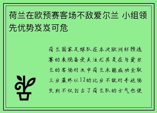 荷兰在欧预赛客场不敌爱尔兰 小组领先优势岌岌可危