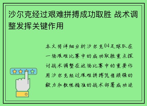 沙尔克经过艰难拼搏成功取胜 战术调整发挥关键作用