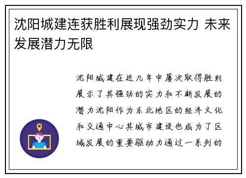 沈阳城建连获胜利展现强劲实力 未来发展潜力无限