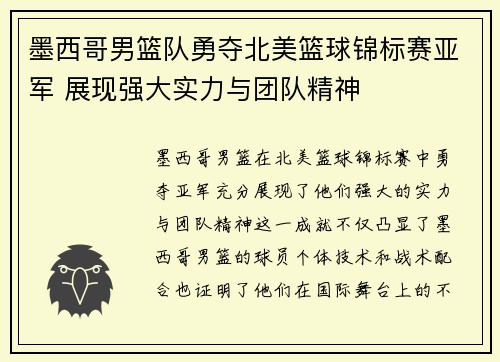 墨西哥男篮队勇夺北美篮球锦标赛亚军 展现强大实力与团队精神