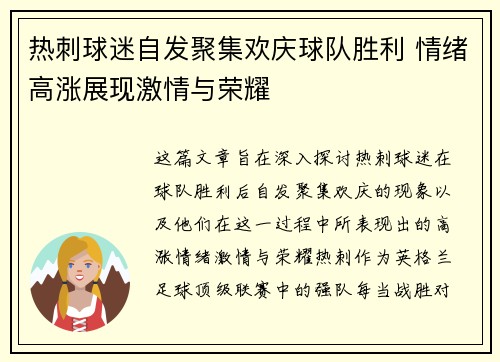 热刺球迷自发聚集欢庆球队胜利 情绪高涨展现激情与荣耀