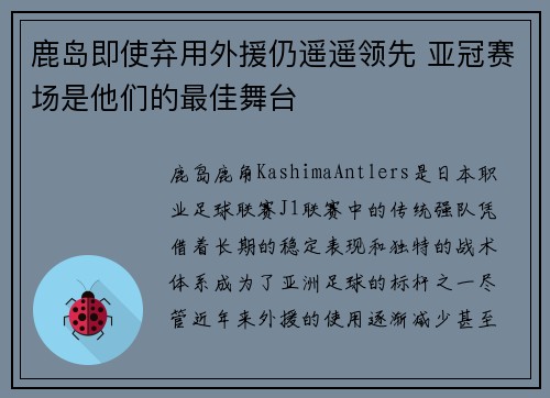鹿岛即使弃用外援仍遥遥领先 亚冠赛场是他们的最佳舞台